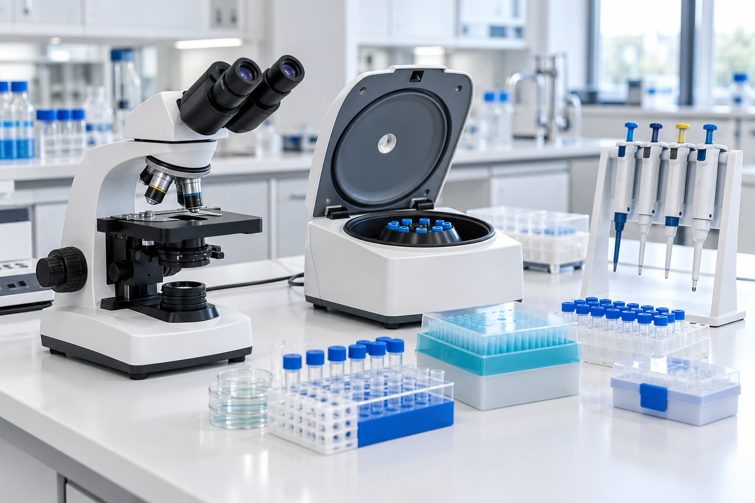Équipements et consommables sur une paillasse de laboratoire