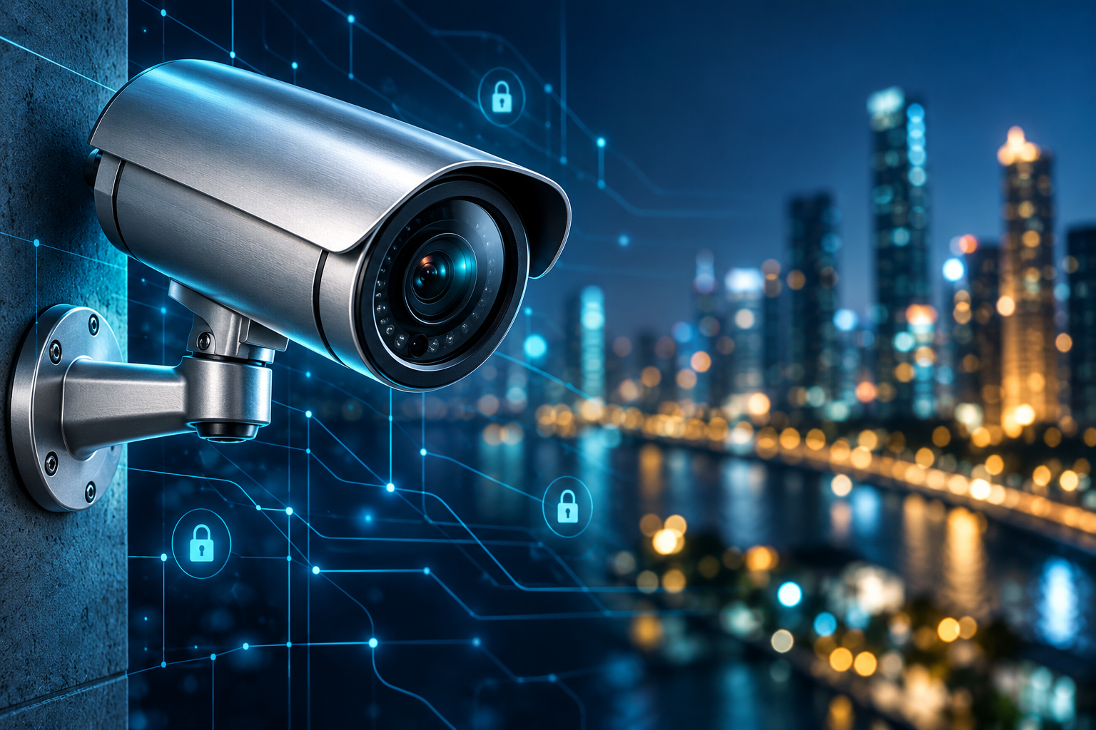 Illustration d’une caméra de vidéosurveillance sur un fond numérique bleu et turquoise